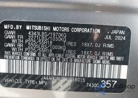 2024 Mitsubishi Outlander Sport 2.0 Es Awc/2.0 Le Awc/2.0 Ralliart Awc/2.0 S Awc/2.0 Se Awc/2.0 Trail Edition Awc из США, поврежденный, VIN JA4ARUAU9RU018015